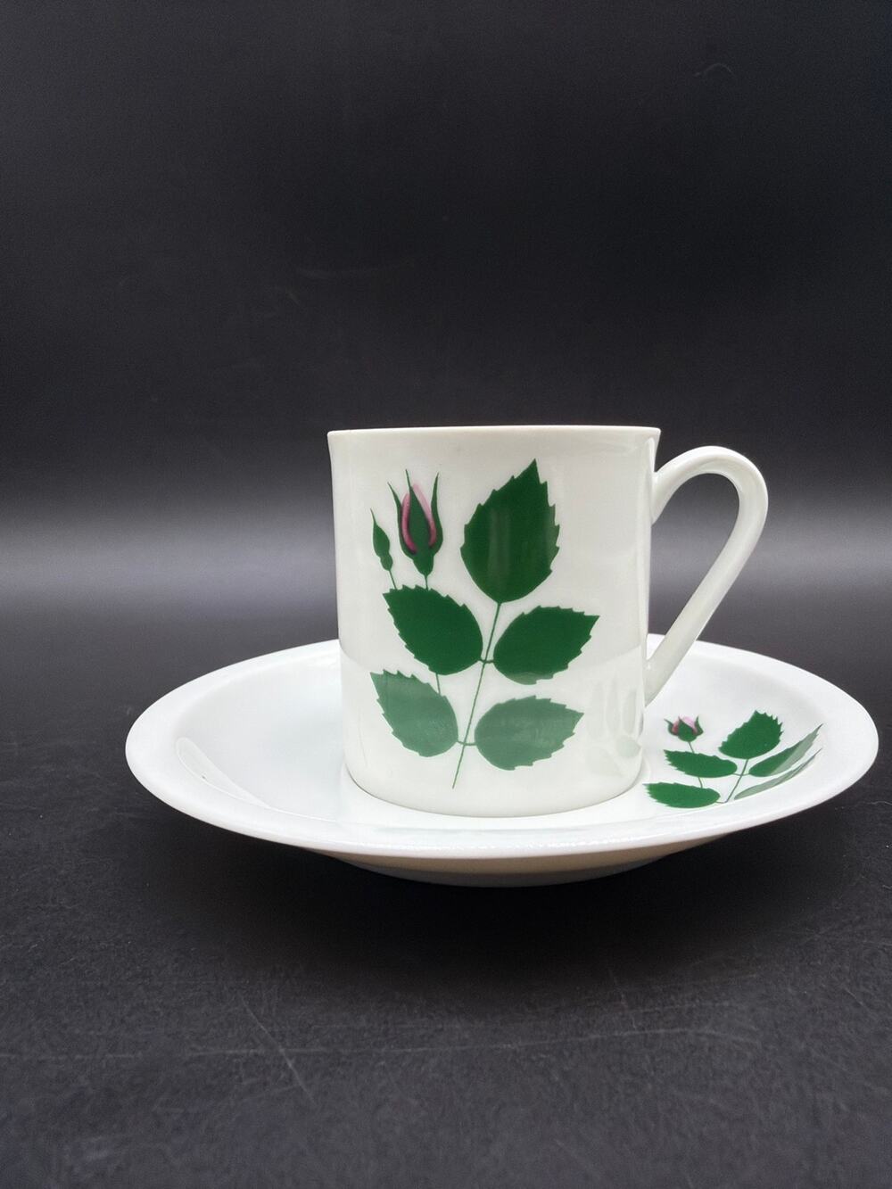 Vintage Arzberg Germany Cup Saucer Green Rosebud Floral Porcelain Mid Century